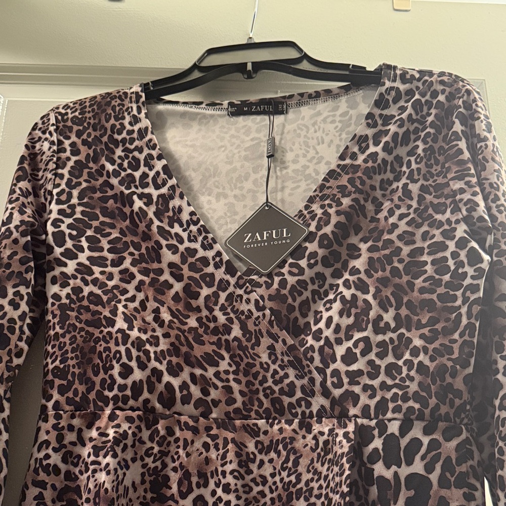 Zaful Long Sleeve Leopard Dress - Brown